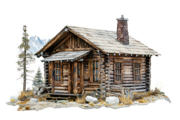 Rustic log cabin tucked away in the woods with mountain views. Isolated on white background.