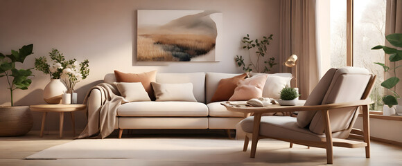 Luxurious living room with panoramic cityscape view at dusk.