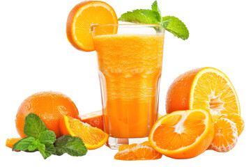 Refreshing image of a glass of orange smoothie mixed with various fruits and garnished with fresh mint leaves. Isolated on a white background