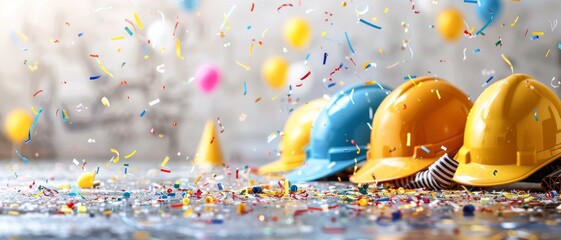 A group of construction helmets are scattered on a table covered in confetti