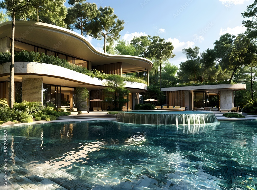 Wall mural Modern Villa with Swimming Pool and Waterfall