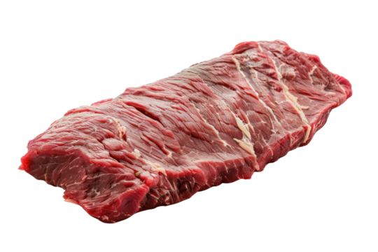 Raw Skirt Steak Cuts thin and has flavor from the diaphragm. Great for quick marinades and grilling. Isolated on a white background.
