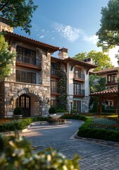 Obraz premium Courtyard of a mediterranean style villa with a fountain in the center