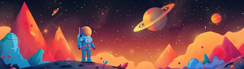 Naklejka premium A colorful space scene with a man in a blue spacesuit standing on a hill
