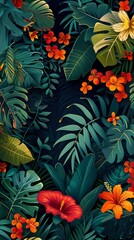 A colorful tropical forest scene with many flowers and leaves