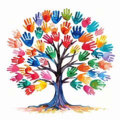 A tree with many hands painted on it