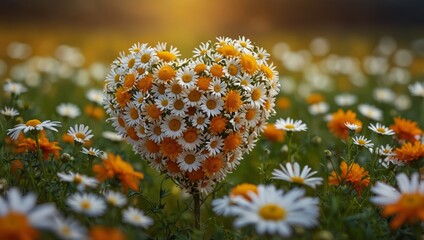 Colorful heart made of chamomile flower and wild field flowers on vivid orange spring background.