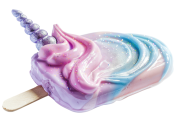 Popsicle shaped like a unicorn Made from layers of pink, purple, and blue ice cream. and has swirls of glitter Isolated on a white background