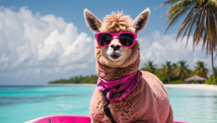 A whimsical scene of a pink alpaca sporting cool sunglasses while balancing on a surfboard, with the tropical backdrop of the Maldives.