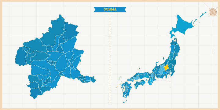 A Map highlighting Gunma in the Japan Map, Gunma and Japan modern map with Colorful Hi detailed Vector, geographical borders
