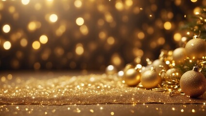 Christmas golden glowing background Holiday abstract glitter defocused backdrop with blinking tars...