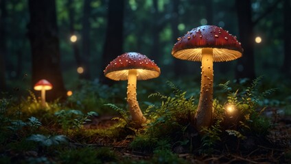 Fototapeta premium Glowing mushroom lamps with fireflies in magical forest.
