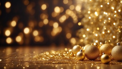 Christmas golden glowing background Holiday abstract glitter defocused backdrop with blinking tars...