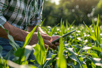 Innovative farmers utilizing tablets to analyze data and optimize corn cultivation, leveraging AI technology to improve crop quality and efficiency