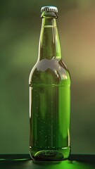 Green Glass Bottle with Bubbles, Close-up of a green glass bottle with bubbles, illuminated against a gradient background, highlighting its texture and details.
