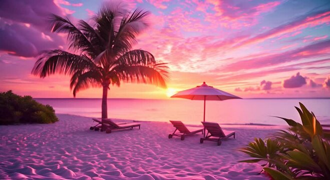 Beautiful tropical sunset scenery with two sunbeds, loungers, and an umbrella under a palm tree. White sand, sea view with horizon, colorful twilight sky, calmness and relaxation