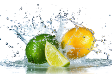 lemon and lime collide mid-air, releasing a spray of water droplets. , isolated on white background