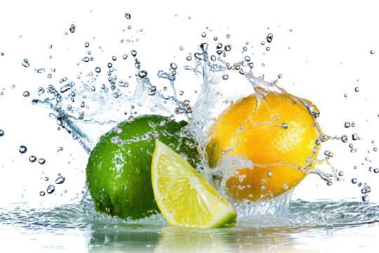 lemon and lime collide mid-air, releasing a spray of water droplets. , isolated on white background