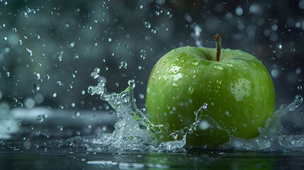 Water splashing on Fresh green apple on Green background. 