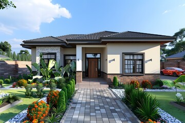 Modern House Exterior Design with Brick Facade and Landscaping