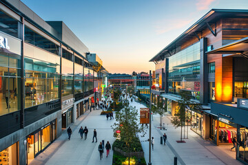 Exterior view of a bustling shopping mall, showcasing the modern architecture and vibrant atmosphere of the retail complex
