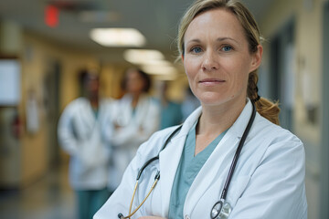 Confident and empowering portrait of a female doctor leading her medical team, exuding expertise and leadership in the healthcare field