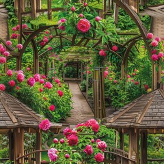 Obraz premium A pathway lined with lush peonies in full bloom, leading to a quaint garden gazebo, ideal for creating a romantic and inviting garden landscape--style raw