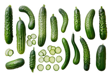 Fresh cucumbers arranged in various shapes and sizes, isolated on a white background.