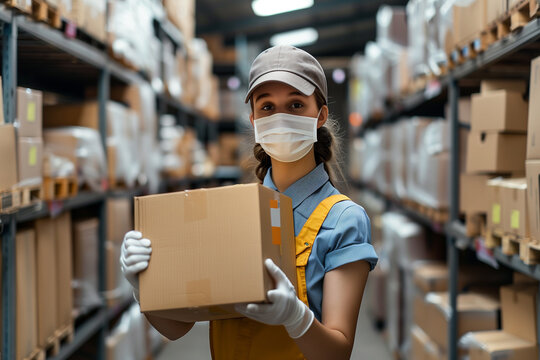 woman holding boxes in warehouse cargo photo