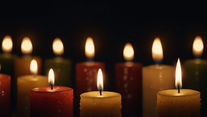 Burning candles on dark background, peaceful scene with copy space, extra wide.