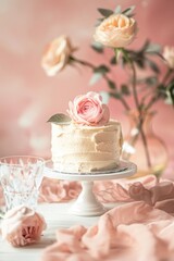 Elegant White Frosted Cake on Decorative Stand Against a Soft Background, Perfect for Birthdays, Weddings, and Special Celebrations