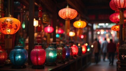 Naklejka premium Asian shop of traditional colorful lamps.