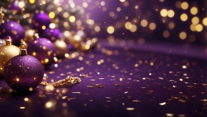 A digital illustration of a festive holiday background with gold and purple glitter lights.