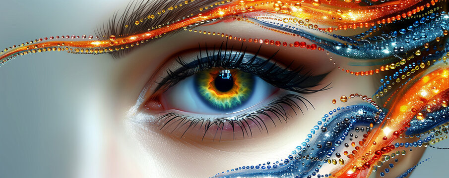A woman's eye is surrounded by a colorful, glittery design. The eye is a bright, vibrant green color, and the design around it is made up of a variety of colors, including red, blue, and yellow