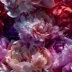 Close-up of lush peonies with intricate petals and rich colors, set against a soft, blurred background for a dramatic and romantic floral presentation--style raw