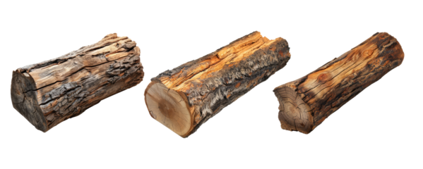 isolated natural wooden log piece in set of three