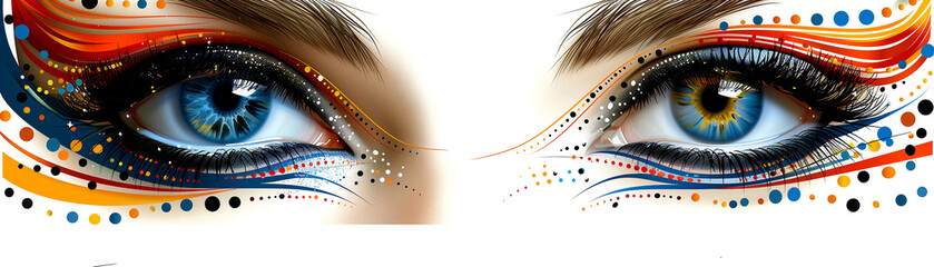 Fototapeta premium The eyes are painted with a colorful design. The blue eyes are surrounded by a rainbow of colors
