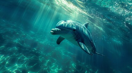 Fototapeta premium Dolphin Swimming Underwater in Sunbeams