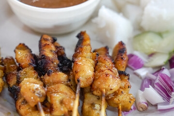 Close up view of satay (sate), a popular Malaysian street food.  Served together with peanut sauce, sliced cucumber, onion and rice cube (nasi impit)