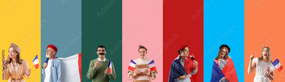 Wall mural collage of many french people on color background