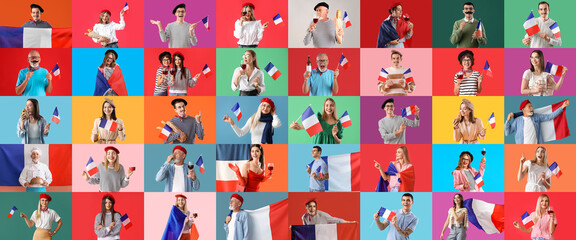 Collage of many French people on color background