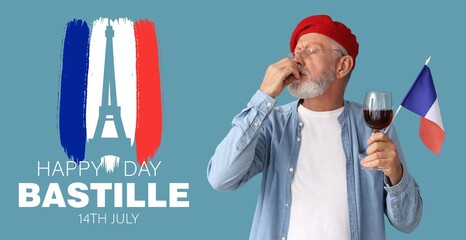 Mature man with flag of France and wine on light blue background. Bastille Day celebration