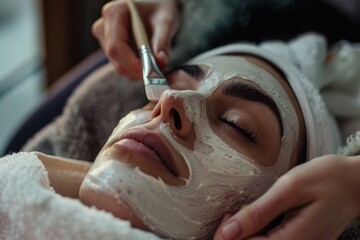 A woman wrapped her head in a white towel, applied a facial mask, massaged her temples with her hands in front of a mirror, a neat and clean modern white room