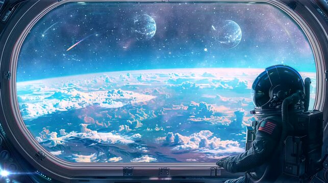 Astronaut looking through spaceship window to space. Seamless looping time-lapse 4k video animation background