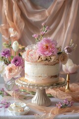 Naklejka premium Elegant Frosted Cake on Decorative Stand Against a Soft Background, Perfect for Birthdays, Weddings, and Special Celebrations