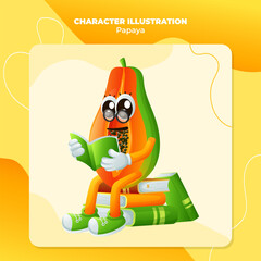 Cute papaya character wearing glasses and reading a book