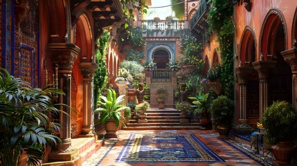 Obraz premium Beautiful Courtyard with Ornate Arches and Lush Greenery