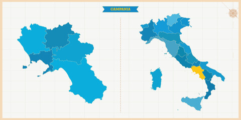 A Map highlighting Campania in the Italy Map, Campania and Italy modern map with Colorful Hi detailed Vector, geographical borders