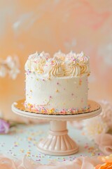 Elegant Frosted Cake on Decorative Stand Against a Soft Background, Perfect for Birthdays, Weddings, and Special Celebrations