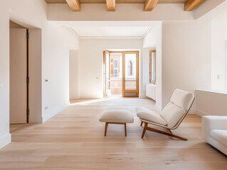 Fototapeta premium Empty designer modern living room filled with natural window lighting in a mix of warm and neutral colors. Real Estate interior design composition.
